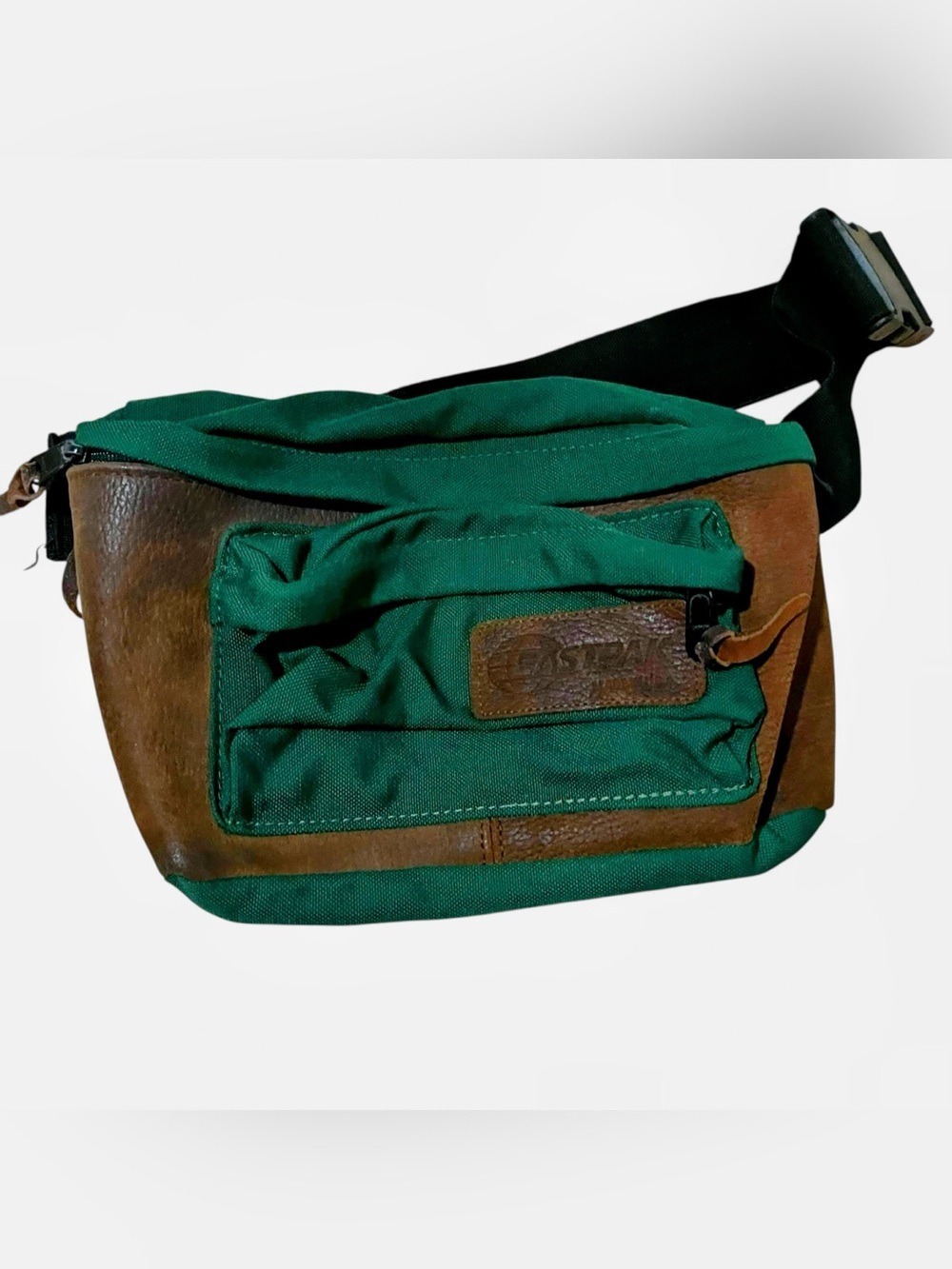 Vintage 90s Eastpak green and Brown Leather and Canvas Waist belt Bag Fanny Pack